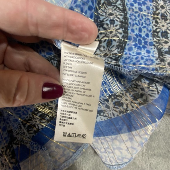 Free People Medium Top Flowy Aliya Long Slv Print Blue Metallic Gold Boho Hippie - Picture 15 of 16